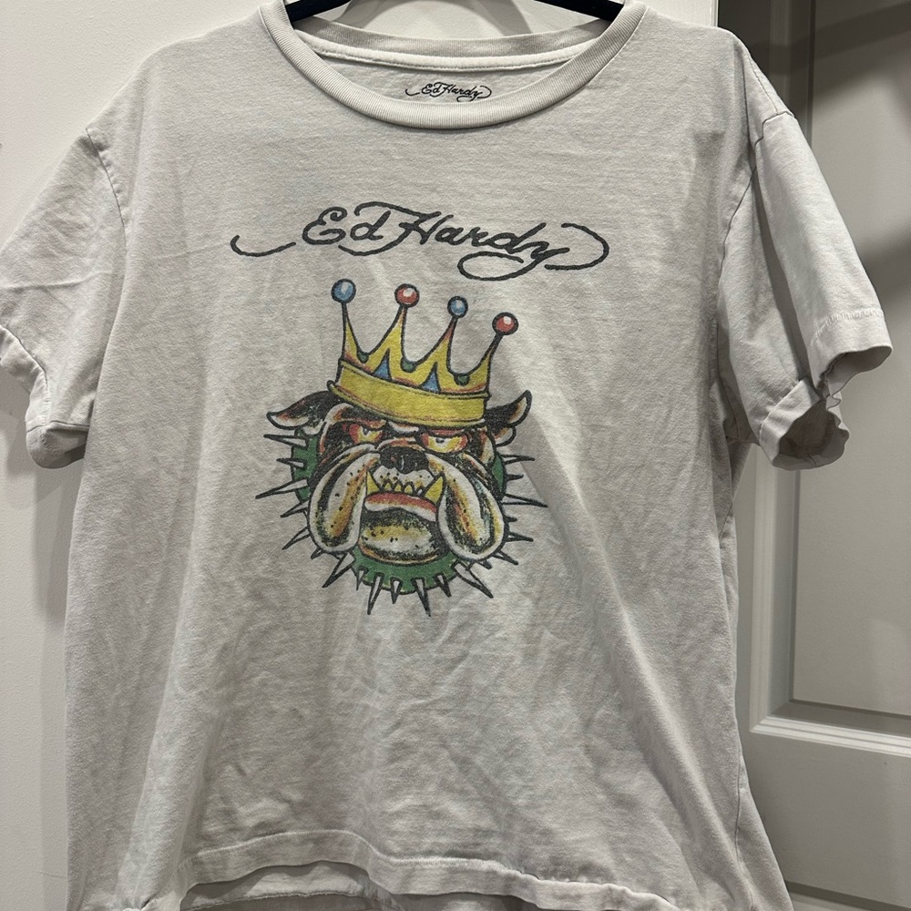Ed Hardy White Tee with Crowned Bulldog Design